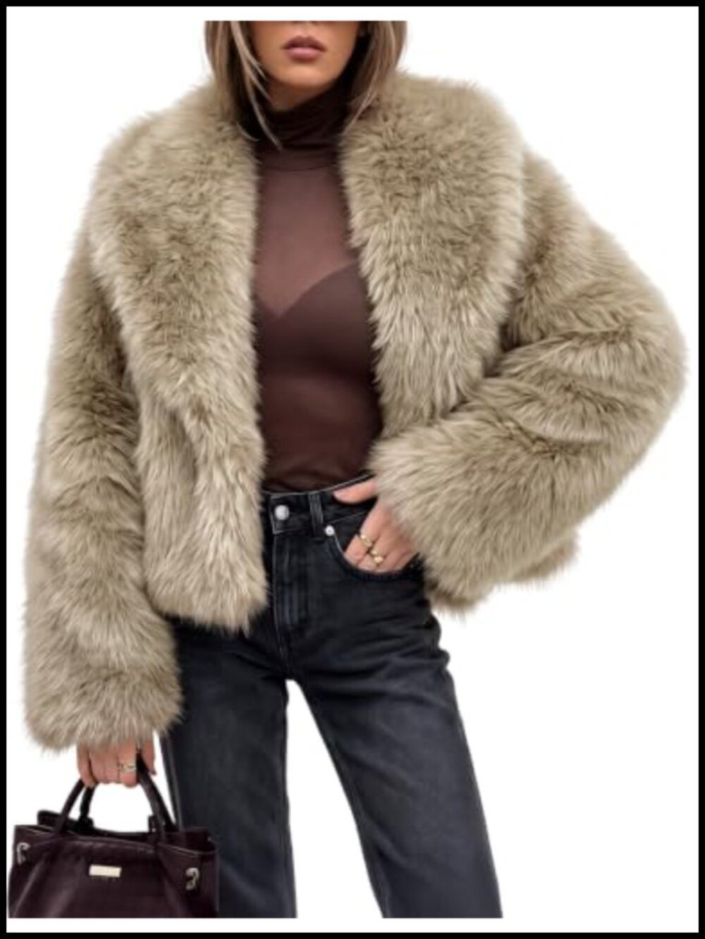 Women Fluffy Faux Fur Crop Coat Long Sleeve Open Front Winter Jacket